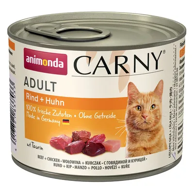 Animonda Carny Adult beef + chicken, 100% fresh ingredients, grain-free, Made in Germany, with taurine. Tin for cat food.