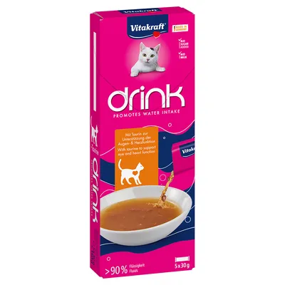 Vitakraft drink for cats, promotes water intake, with taurine to support eye and heart function, over 90% liquid, no sugar, no milk, Made in Germany.