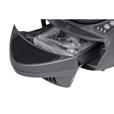 Automatisk kattebakke med udtrækkelig skuffe til affaldsposer, gråt design, betjeningspanel med knapper synligt.