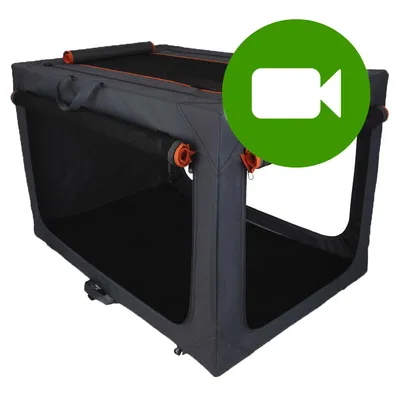 Przycisk odtwarzania filmu wideo o składanym transporterze z tkaniny, czarny z pomarańczowymi elementami. Kliknij tutaj, aby obejrzeć prezentację produktu.