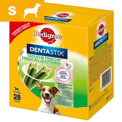 Pedigree Dentastix Tägliche Frische Fresh au Quotidien, 28 st för hundar 5–10 kg. Förpackning med bild på tuggpinnar och text om 3-fach Wirkung Triple Action+.