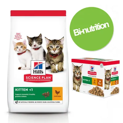 Hill's Science Plan Kitten <1, croquettes au poulet et sélection volaille, texte visible : 'Supports immunity & healthy growth in kittens', pastille verte Bi-nutrition, photos de chatons.