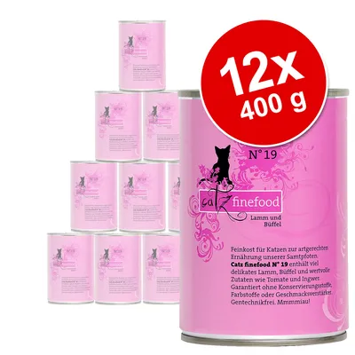 Set 12x400 g conserve catz finefood N°19 Lamm und Büffel pentru pisici, etichetă roz cu text în germană și siluetă de pisică. Ambalaj vizibil pe toate cutiile.