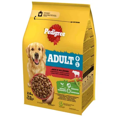 Pedigree Adult храна за кучета с говеждо и зеленчуци, 2,6 кг. С натурални съставки, пребиотици и супер храни. 100% пълноценна храна за възрастни кучета.
