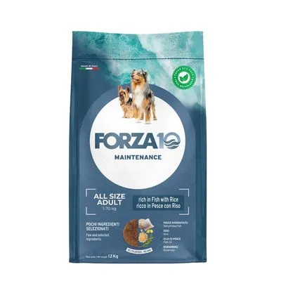 FORZA10 Maintenance hondenvoer, All Size Adult 1–70 kg, rijk aan vis met rijst, 12 kg zak. Tekst: pochi ingredienti selezionati, made in Italy, afbeelding van twee honden op de verpakking. FORZA10 Maintenance hondenvoer, All Size Adult 1–70 kg, rijk aan vis met rijst, 12 kg zak. Tekst: pochi ingredienti selezionati, made in Italy, afbeelding van twee honden op de verpakking.