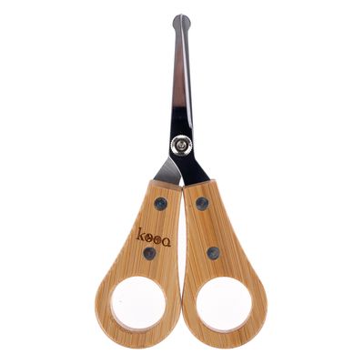 kooa scissors with bamboo handle and rounded stainless steel blades, suitable for precise cutting.