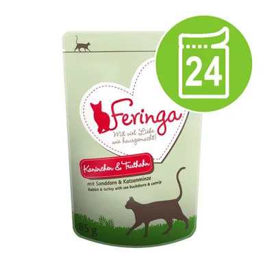 Feringa Kaninchen & Truthahn, 85 g. Text: Mit viel Liebe wie hausgemacht! mit Sanddorn & Katzenminze. Grön ikon med siffran 24 på förpackningen.