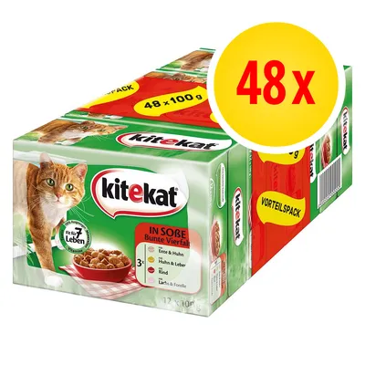 Kitekat voordeelpack natvoer voor katten, 48 x 100 g. Smaken: eend & kip, kip & lever, rund, zalm & forel. Op verpakking: 'fit für Leben', 'IN SOßE Bunte Vielfalt'. Kitekat voordeelpack natvoer voor katten, 48 x 100 g. Smaken: eend & kip, kip & lever, rund, zalm & forel. Op verpakking: 'fit für Leben', 'IN SOßE Bunte Vielfalt'.
