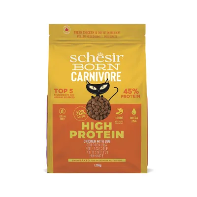 Schesir Born Carnivore High Protein Trockenfutter mit Huhn und Ei, 45% Protein, Low Carb Rezept, getreidefrei, Omega 3&6, 1,25kg Packung.