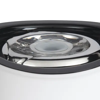 Close-up of a shiny stainless steel bowl with a black rim, suitable for food or water.
