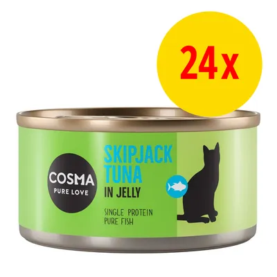 Cosma Pure Love Skipjack Tuna in Jelly, Single Protein Pure Fish. 24x burkar kattmat syns på förpackningen.