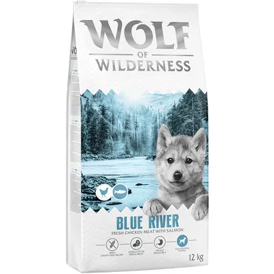 Wolf of Wilderness Blue River, 12 kg, recipe with fresh chicken and salmon, grain-free, easily digestible, suitable for growing puppies.