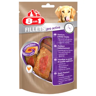 8in1 Fillets pro active. Prémiová kuracia pochúťka, ochutená glukozamínom a chondroitínom, podporuje pohyblivosť. Kuracia pochúťka #Nutri-Center.