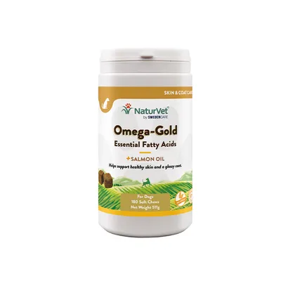 Boîte NaturVet Omega-Gold Essential Fatty Acids + Salmon Oil, pour chiens, 180 bouchées tendres, poids net 511 g. Texte en anglais visible sur l’étiquette.