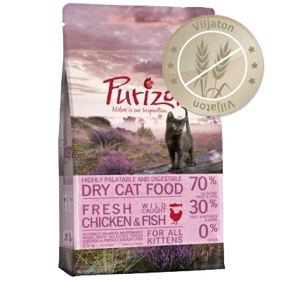 Purizon Dry Cat Food, Fresh Chicken & Fish, 2,5 kg. Viljaton. 70 % lihaa ja kalaa, 30 % hedelmiä ja vihanneksia, 0 % viljaa. For all kittens. Highly palatable and digestible. Purizon Dry Cat Food, Fresh Chicken & Fish, 2,5 kg. Viljaton. 70 % lihaa ja kalaa, 30 % hedelmiä ja vihanneksia, 0 % viljaa. For all kittens. Highly palatable and digestible.