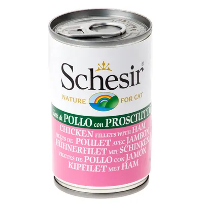 Schesir Nature for Cat, filetti di pollo con prosciutto. Testo visibile in più lingue: chicken fillets with ham, filets de poulet avec jambon, hüherfilet mit schinken.