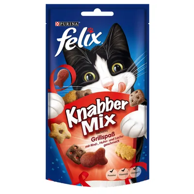 Purina felix Knabber Mix Grillspaß, s natpisima: mit Rind-, Huhn- und Lachs-Geschmack, Proteine, Vitamine, Omega 6. Prikaz raznih oblika poslastica za mačke.