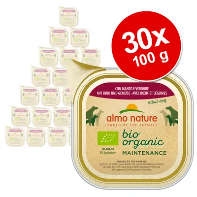 Almo Nature Bio Organic Maintenance Adult Dog, med oksekød og grøntsager, FR-BIO-10 EU Agriculture, pakke: 30 x 100 g.