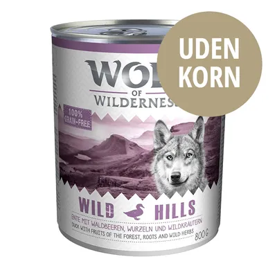 Wolf of Wilderness Wild Hills dåse 800 g, tekst: 100% grain-free, UDEN KORN, Ente mit Waldbeeren, Wurzeln und Wildkräutern, Duck with fruits of the forest, roots and wild herbs