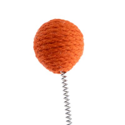 Leksak med orange boll av repmaterial och en spiralfjäder av metall.