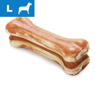 Dwie kości do żucia, rozmiar L, widoczne oznaczenie L z sylwetką psa w niebiesym polu w lewym górnym rogu Dwie kości do żucia, rozmiar L, widoczne oznaczenie L z sylwetką psa w niebiesym polu w lewym górnym rogu
