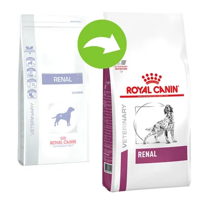 Dva pakiranja Royal Canin Veterinary Renal hrane za pse, staro i novo dizajnirano pakiranje s vidljivim nazivom proizvoda i brenda.