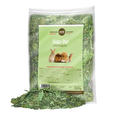 Mucki Natur Pur Herbal Variety, complementary feed for rodents and rabbits, net weight 250g, made in Germany.