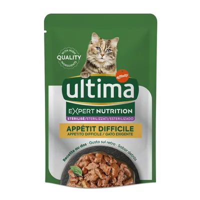 Confezione di cibo per gatti Ultima Expert Nutrition Sterilizzati, Appetito Difficile, con immagine di gatto e ciotola di bocconcini. Testo: 'with high quality ingredients', 'affinity'. Confezione di cibo per gatti Ultima Expert Nutrition Sterilizzati, Appetito Difficile, con immagine di gatto e ciotola di bocconcini. Testo: 'with high quality ingredients', 'affinity'.