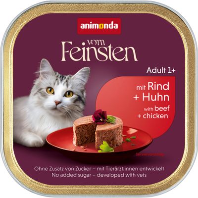 animonda vom Feinsten Adult 1+, többhúsos koktél, hozzáadott cukor nélkül, állatorvosokkal közösen fejlesztve, multi meat cocktail, a képen tálalási javaslat látható.