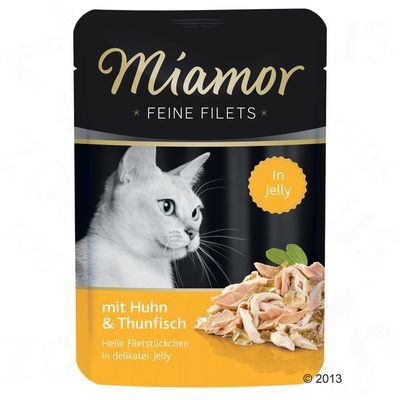 Miamor Feine Filets in Jelly, mit Huhn & Thunfisch. Helle Filetstückchen in delikater Jelly.