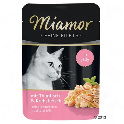 Miamor Feine Filets mit Thunfisch & Krebsfleisch, In Jelly. Helle Filetstückchen in delikater Jelly. Sachet avec photo de chat et morceaux de poisson en gelée.