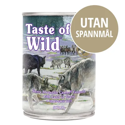 Taste of the Wild Sierra Mountain Canine Formula with Lamb in Gravy, text: UTAN SPANNMÅL, burk 390 g