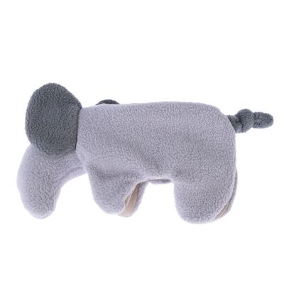 Giocattolo di peluche grigio a forma di elefante con superficie morbida e orecchie arrotondate.