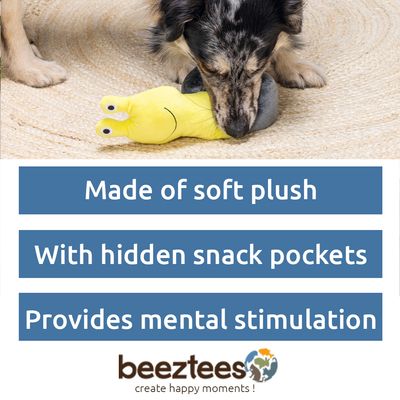 Plush toy in the shape of a yellow snail with a grey shell, suitable for pets.