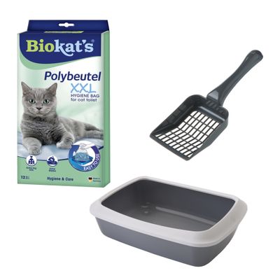 Komplet: mačje stranišče s plastičnim robom, lopatka in Biokat's Einweg-Polybeutel vrečke. Velik rdeč simbol za popust (%). Besedilo na embalaži v nemščini.