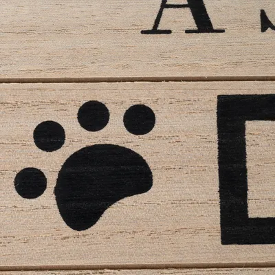 Superficie in legno con impronta di zampa nera e testo parzialmente visibile.