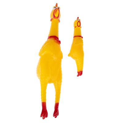 To gule gummi-kyllinger med røde næb og fødder, den ene større end den anden.