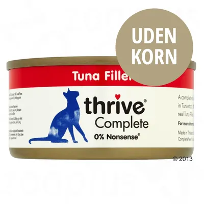 thrive Complete Tuna Fillet 0% Nonsense, UDEN KORN. Dåse med blå kattegrafik og rød-hvid etiket.