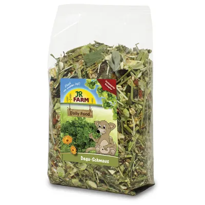 JR Farm Degu-Schmaus Daily Food, frische Zutaten vom Hof, Verpackung mit Illustration eines Degus und grünen Pflanzen.