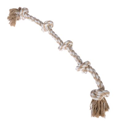 Corda da gioco beige con nodi e frange su entrambe le estremità.