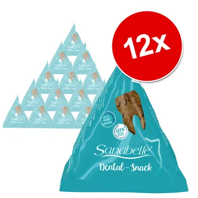 Sanabelle Dental-Snack, 12 háromszög alakú csomag, kék csomagolásban, feliratok: 'GRAIN FREE', 'MIT FRISCHEM GEFLÜGEL'.