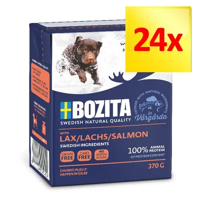 Bozita Swedish Natural Quality z łososiem, 370 g, 24x. 100% białka zwierzęcego, bez zbóż, GMO i dodatku cukru. Widoczna marka, gramatura oraz liczba opakowań.
