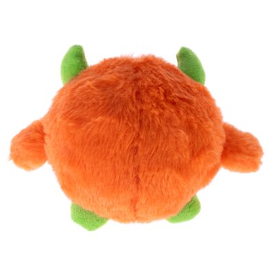 Plushleksak i orange med gröna horn och ben, rund design.