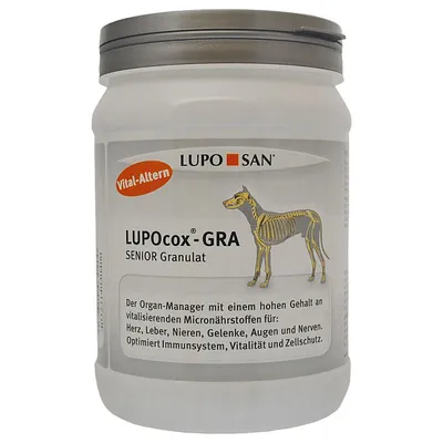 Упаковка LUPO SAN Vital-Altern LUPOcox-GRA SENIOR Granulat с изображением собаки и текстом на немецком языке о составе и пользе для органов.
