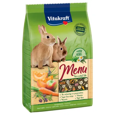 Vitakraft Menu alimento principale per conigli nani. Made in Germany, ingredienti naturali, senza zucchero, vitamine, minerali, alto contenuto di fibre, +Vita Herbs con erbe.