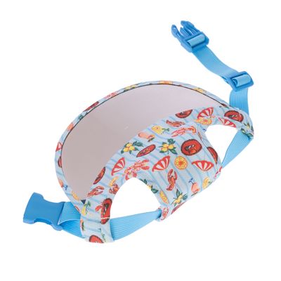 Light blue harness with colourful fruit and sea motif pattern, adjustable straps with click fastener.