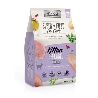 MAC's Super Food for Cats Kitten Geflügel Poultry, droogvoer voor kittens, inhoud 7 kg. Zichtbare iconen: zonder granen, geen soja, rijk aan dierlijke eiwitten.