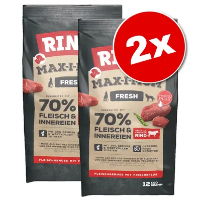 Lot de 2 sacs Rinti Max-i-Mum Fresh, 70 % viande et abats, riche en bœuf, sans céréales, 12 kg chacun. Texte principal en allemand.