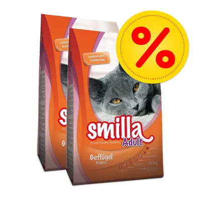Två påsar Smilla Adult Geflügel Poultry torrfoder för katt, 10 kg, med bild på grå katt och gul rabattmärke med procenttecken. Text: 'ausgewogene Ernährung'.