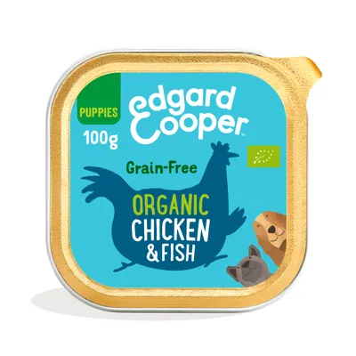 Edgard Cooper Puppies 100g Grain-Free Organic Chicken & Fish, biologisch keurmerk zichtbaar op verpakking.